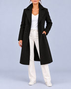 Women's Longline Double Breasted Coat with Broad Lapels and Welt Pockets – Black – 1