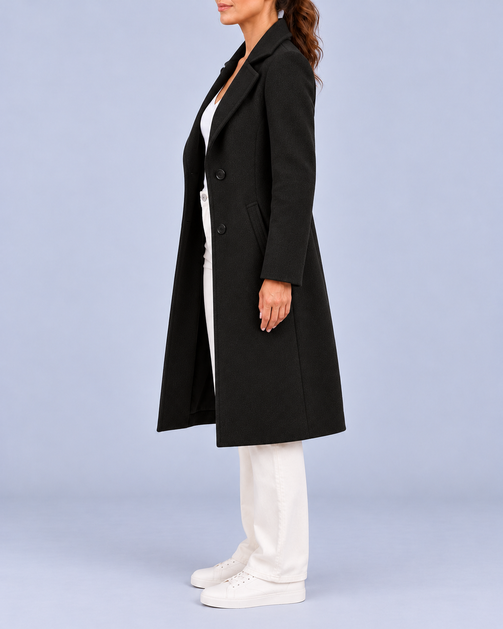 Women's Longline Double Breasted Coat with Broad Lapels and Welt Pockets – Black – 2