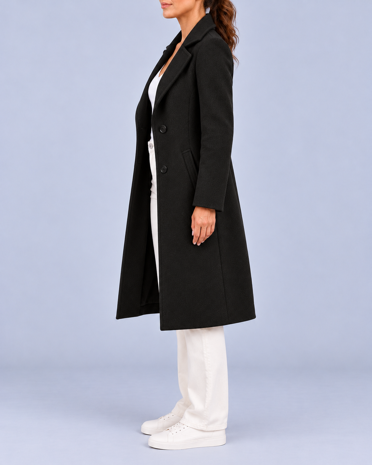 Women's Longline Double Breasted Coat with Broad Lapels and Welt Pockets – Black – 2