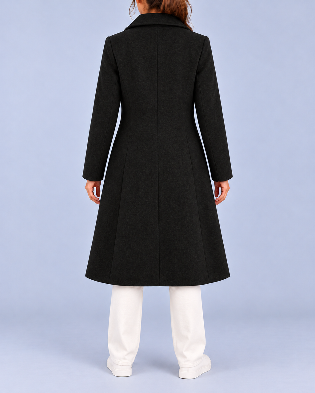 Women's Longline Double Breasted Coat with Broad Lapels and Welt Pockets – Black – 3