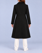 Women's Longline Double Breasted Coat with Broad Lapels and Welt Pockets – Black – 3