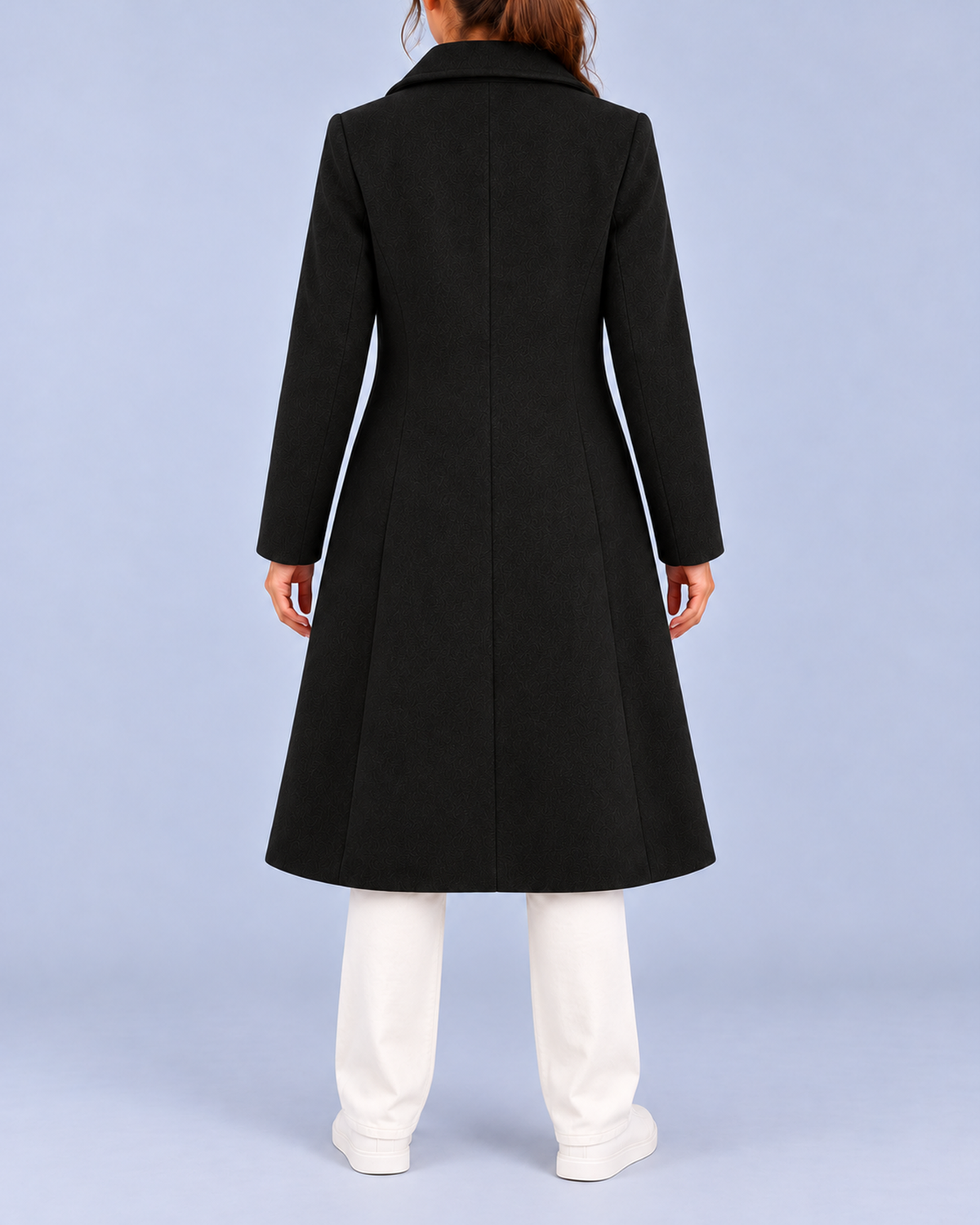 Women's Longline Double Breasted Coat with Broad Lapels and Welt Pockets – Black – 3