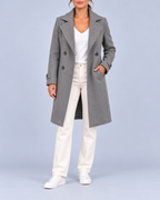Women's Longline Double Breasted Coat with Broad Lapels and Welt Pockets – Grey – 1
