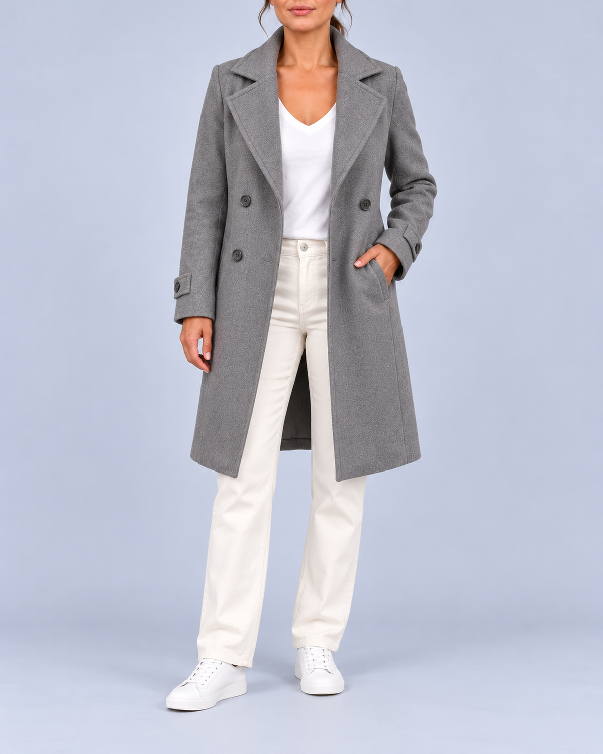 Women's Longline Double Breasted Coat with Broad Lapels and Welt Pockets – Grey – 1