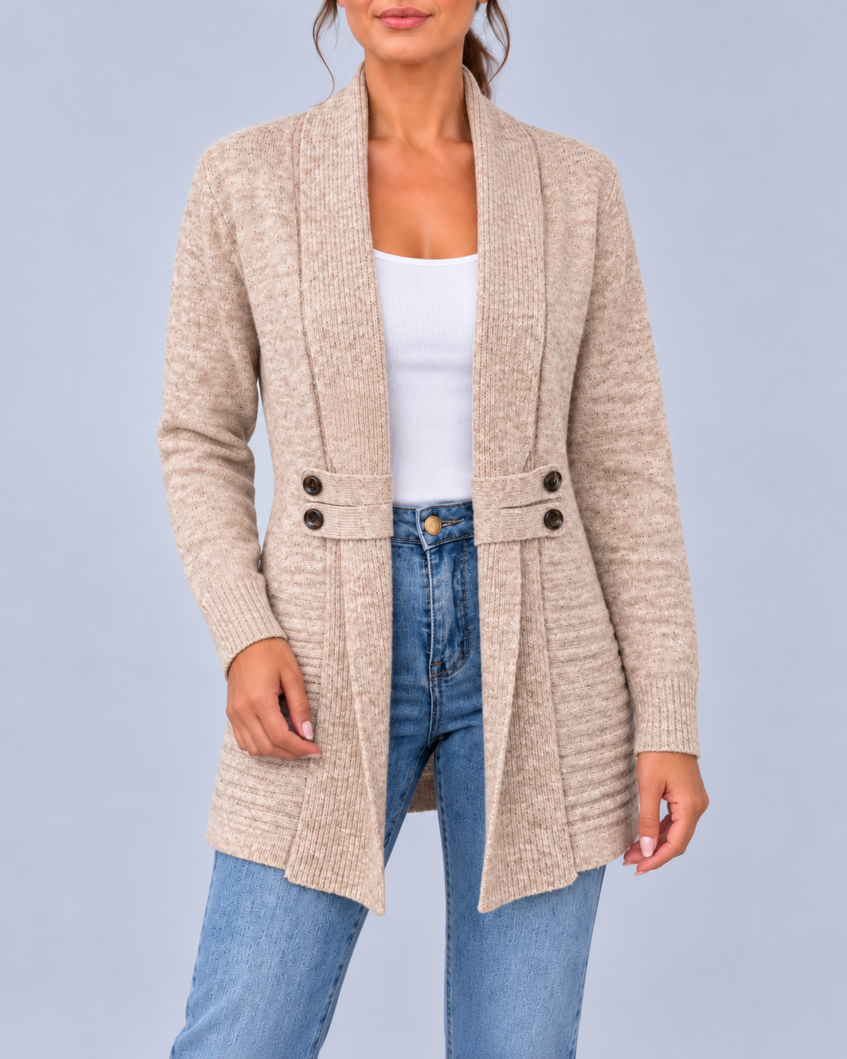 Women's Longline Shawl Collar Cardigan with Decorative Button Tabs – Khaki – 1