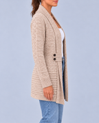Women's Longline Shawl Collar Cardigan with Decorative Button Tabs – Khaki – 2