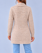 Women's Longline Shawl Collar Cardigan with Decorative Button Tabs – Khaki – 3