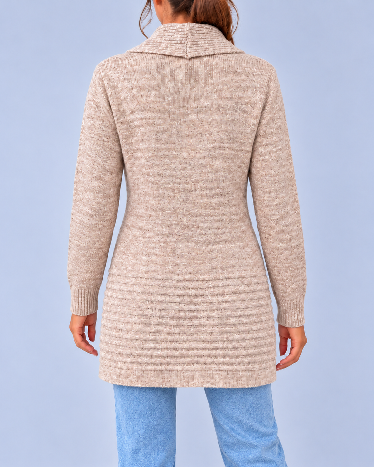 Women's Longline Shawl Collar Cardigan with Decorative Button Tabs – Khaki – 3