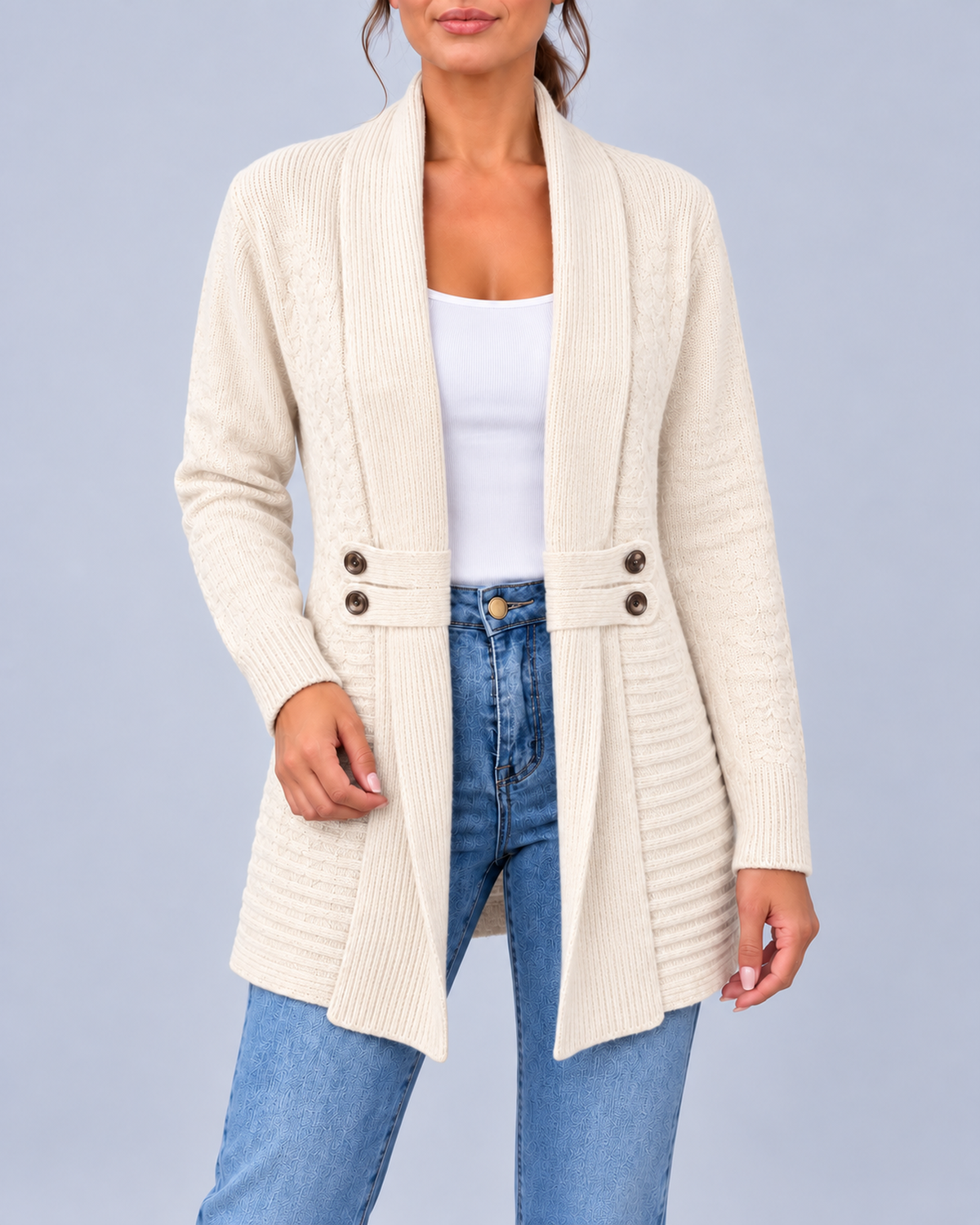 Women's Longline Shawl Collar Cardigan with Decorative Button Tabs – Beige – 1