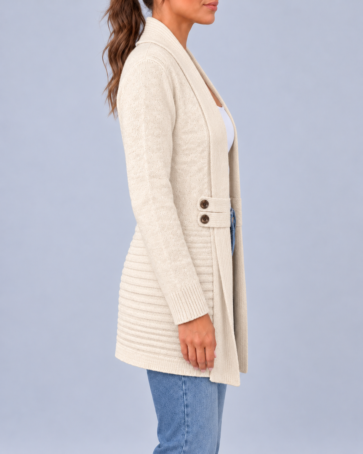 Women's Longline Shawl Collar Cardigan with Decorative Button Tabs – Beige – 2