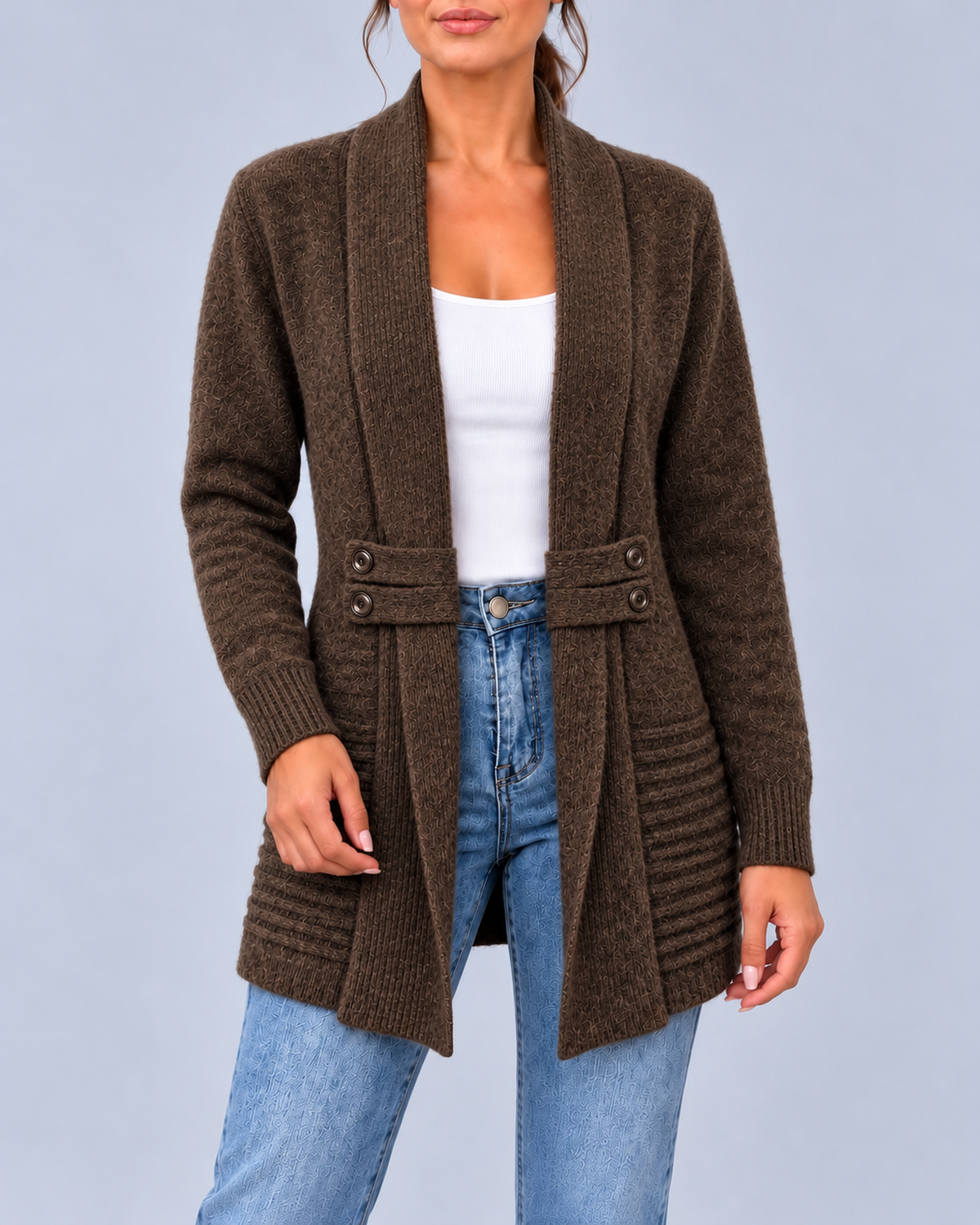 Women's Longline Shawl Collar Cardigan with Decorative Button Tabs – Brown – 1