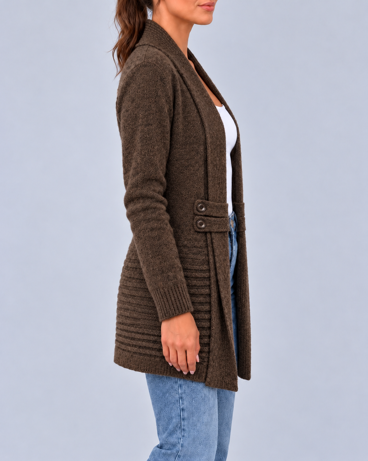 Women's Longline Shawl Collar Cardigan with Decorative Button Tabs – Brown – 2