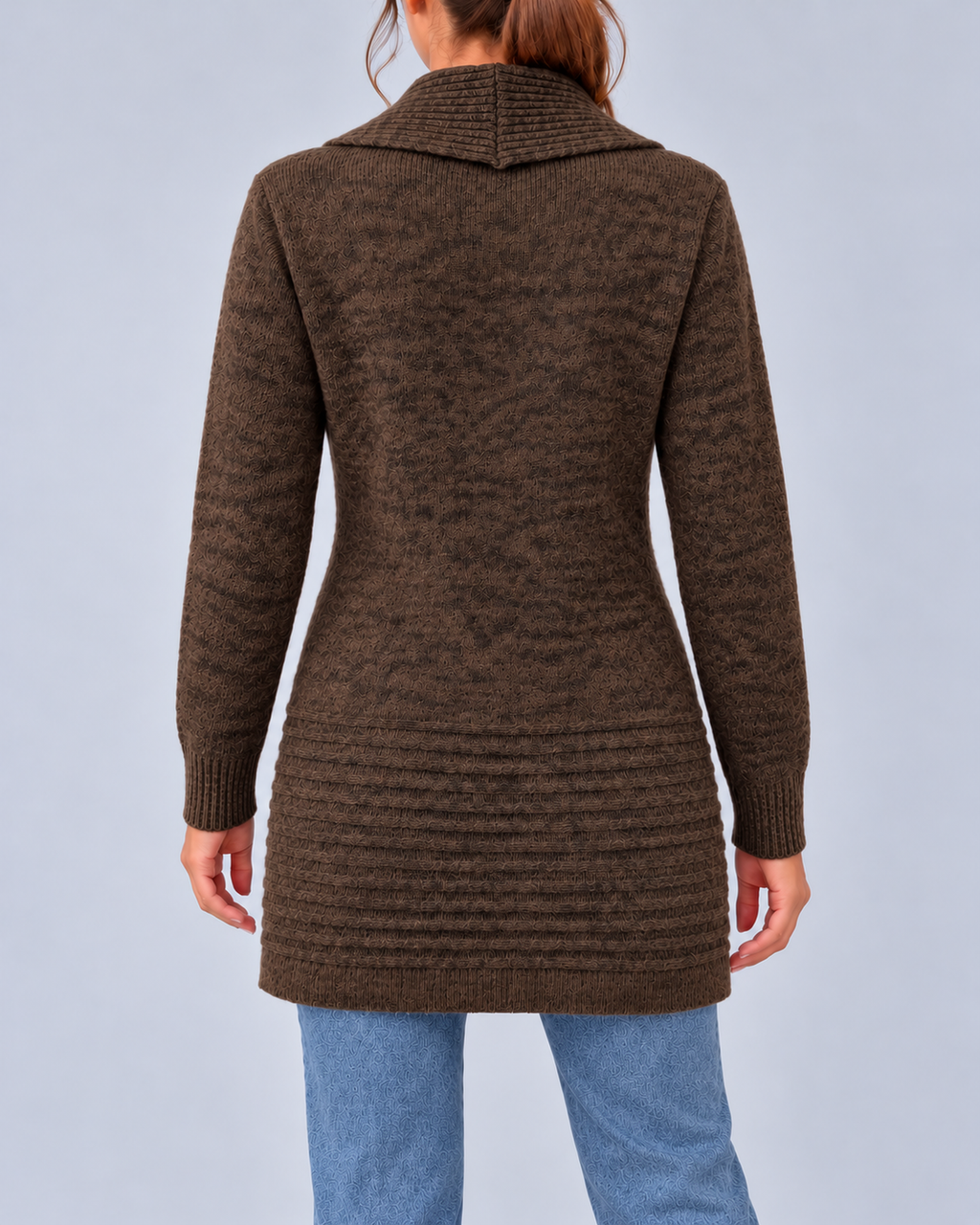 Women's Longline Shawl Collar Cardigan with Decorative Button Tabs – Brown – 3