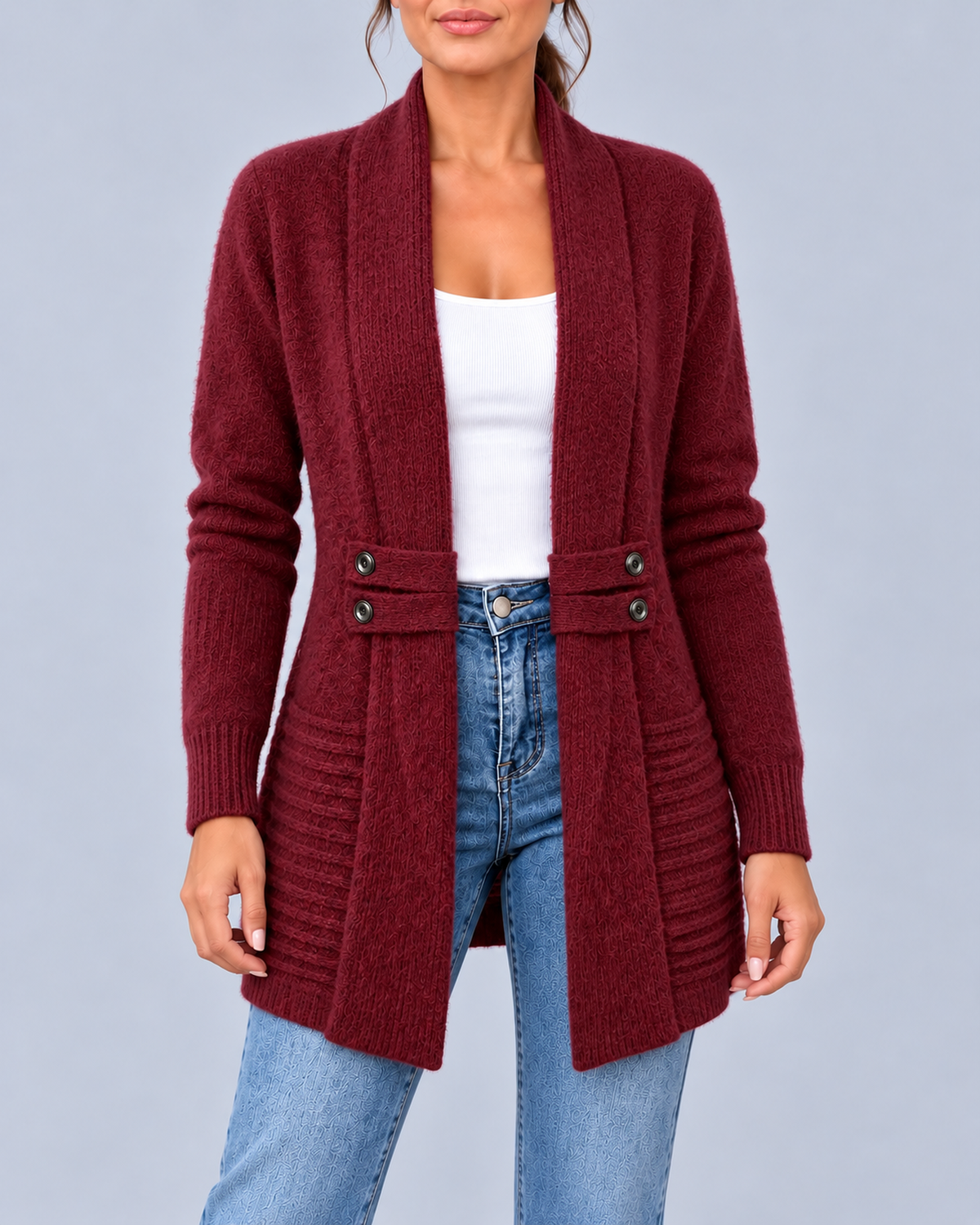 Women's Longline Shawl Collar Cardigan with Decorative Button Tabs – Burgundy – 1