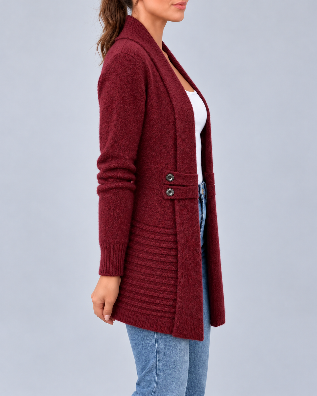 Women's Longline Shawl Collar Cardigan with Decorative Button Tabs – Burgundy – 2
