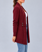 Women's Longline Shawl Collar Cardigan with Decorative Button Tabs – Burgundy – 2