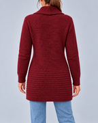 Women's Longline Shawl Collar Cardigan with Decorative Button Tabs – Burgundy – 3