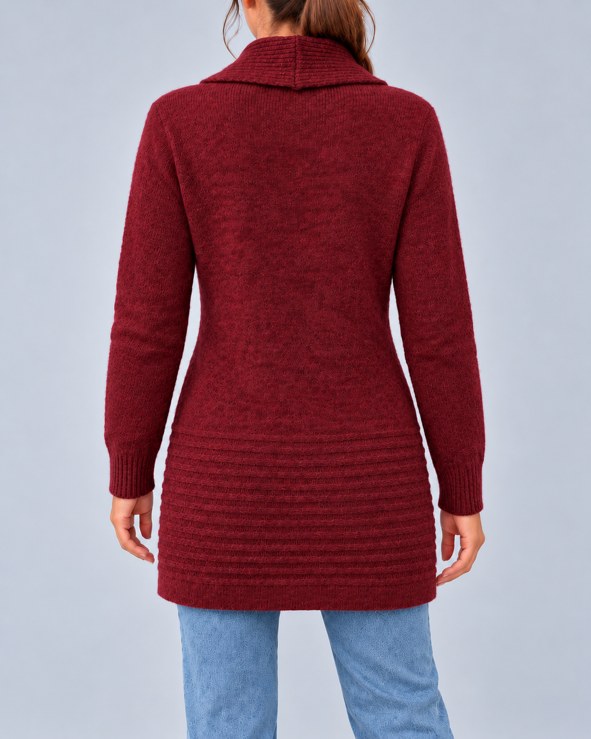 Women's Longline Shawl Collar Cardigan with Decorative Button Tabs – Burgundy – 3