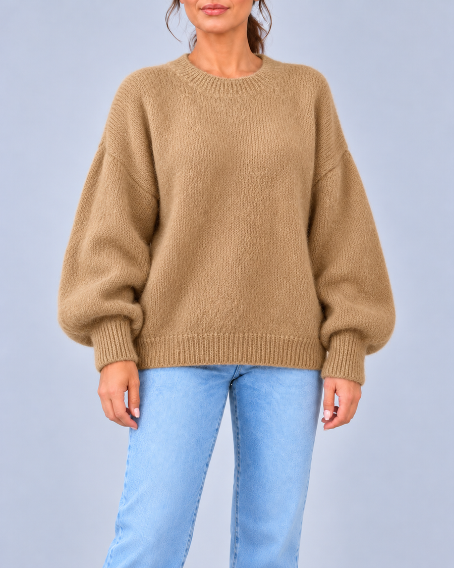 Women's Oversized Brushed Knit Crew Neck Jumper with Balloon Sleeves