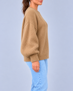 Women's Oversized Brushed Knit Crew Neck Jumper with Balloon Sleeves – Camel – 2