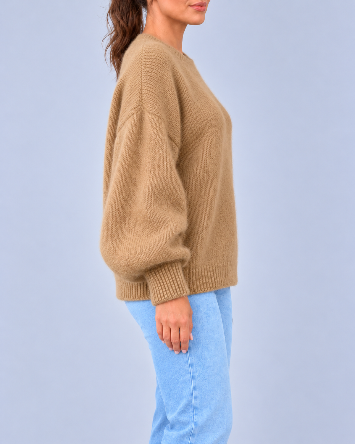 Women's Oversized Brushed Knit Crew Neck Jumper with Balloon Sleeves – Camel – 2