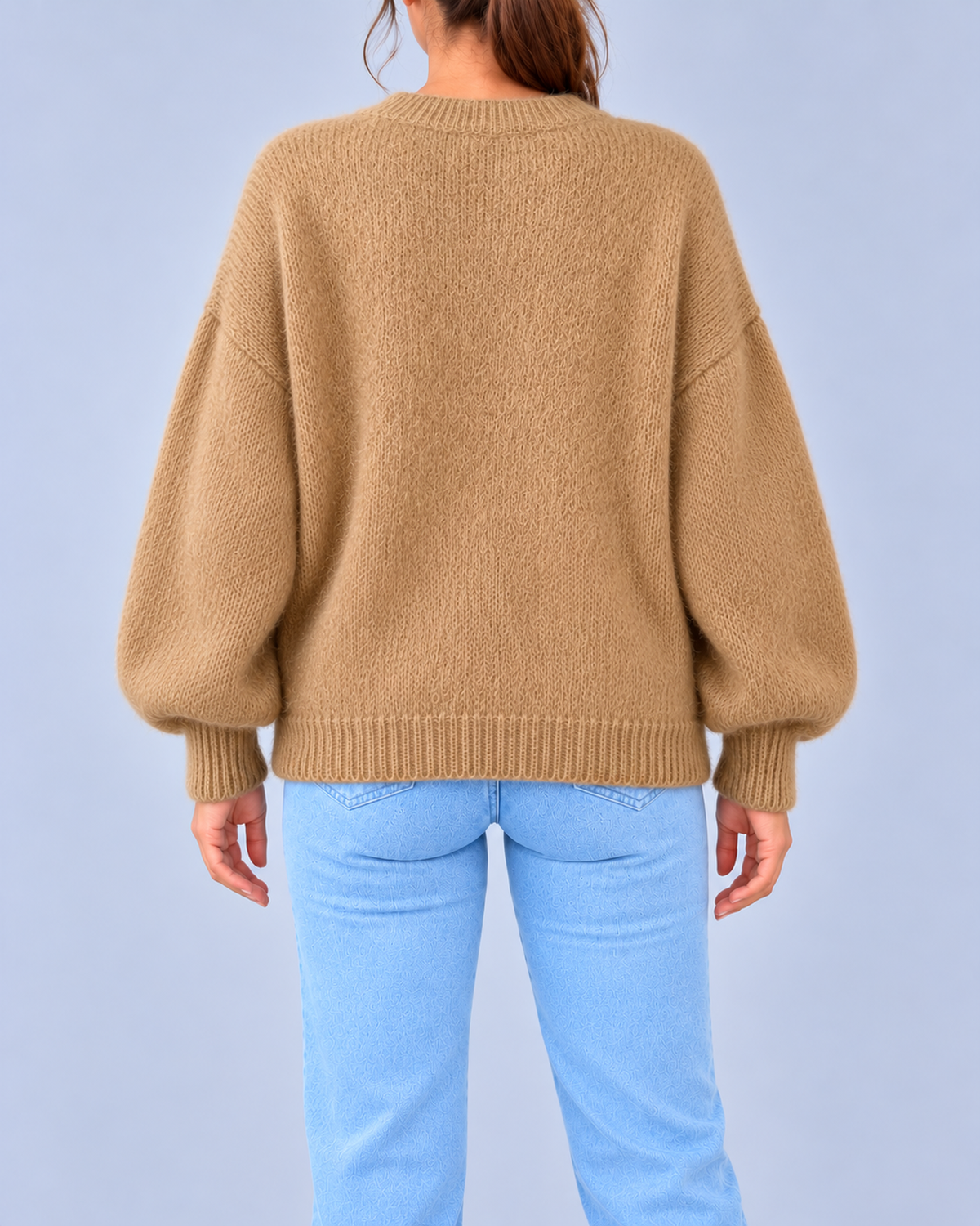 Women's Oversized Brushed Knit Crew Neck Jumper with Balloon Sleeves – Camel – 3