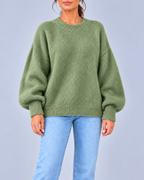 Women's Oversized Brushed Knit Crew Neck Jumper with Balloon Sleeves – Green – 1
