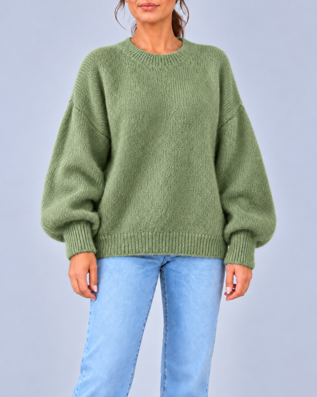 Women's Oversized Brushed Knit Crew Neck Jumper with Balloon Sleeves – Green – 1