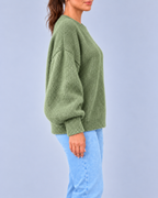 Women's Oversized Brushed Knit Crew Neck Jumper with Balloon Sleeves – Green – 2