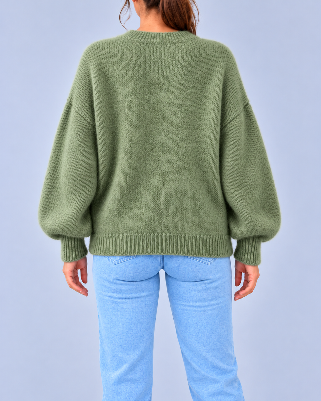 Women's Oversized Brushed Knit Crew Neck Jumper with Balloon Sleeves – Green – 3