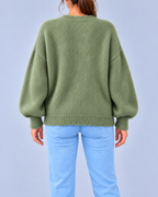 Women's Oversized Brushed Knit Crew Neck Jumper with Balloon Sleeves – Green – 3