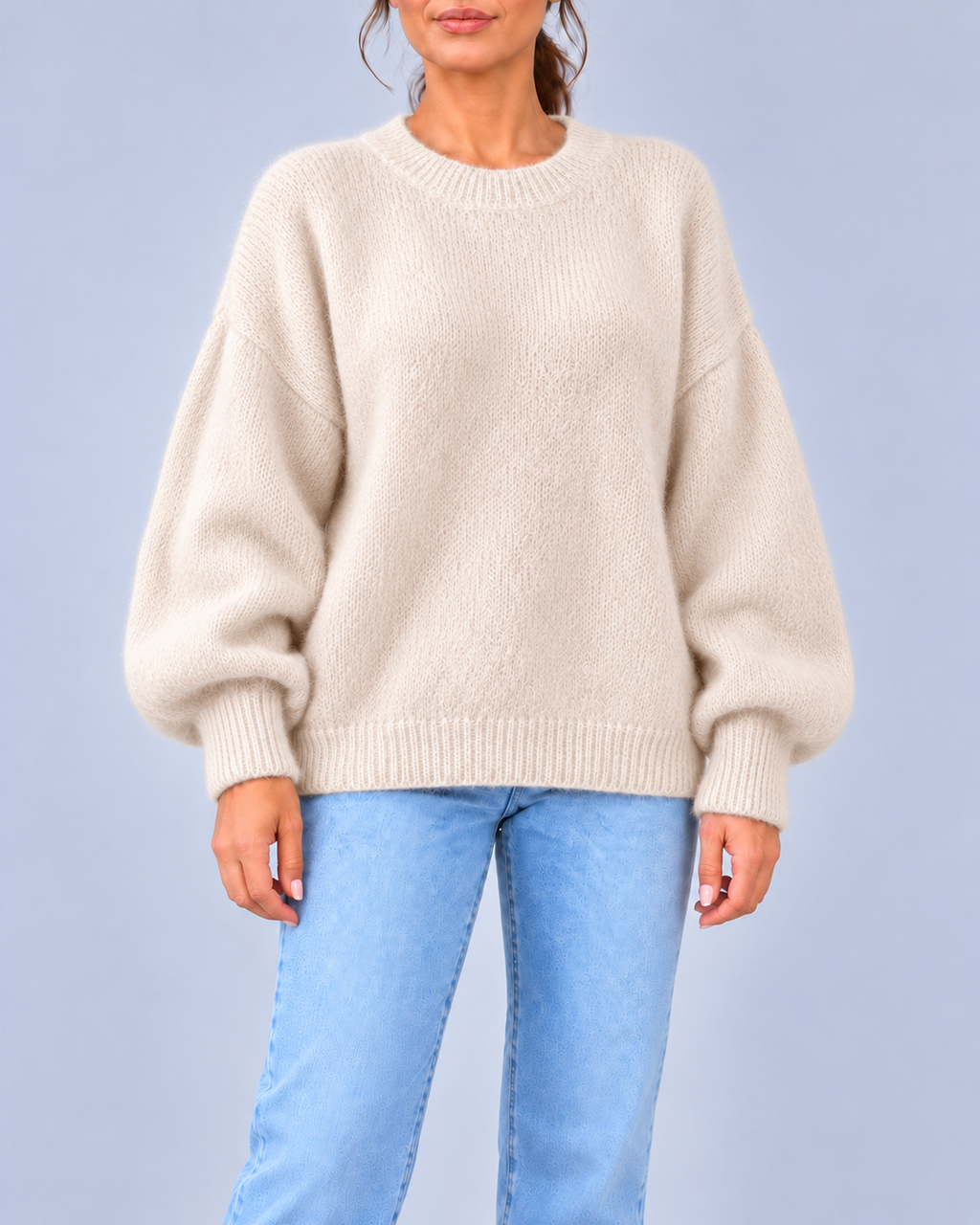 Women's Oversized Brushed Knit Crew Neck Jumper with Balloon Sleeves – Off White – 1