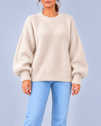 Women's Oversized Brushed Knit Crew Neck Jumper with Balloon Sleeves – Off White – 1