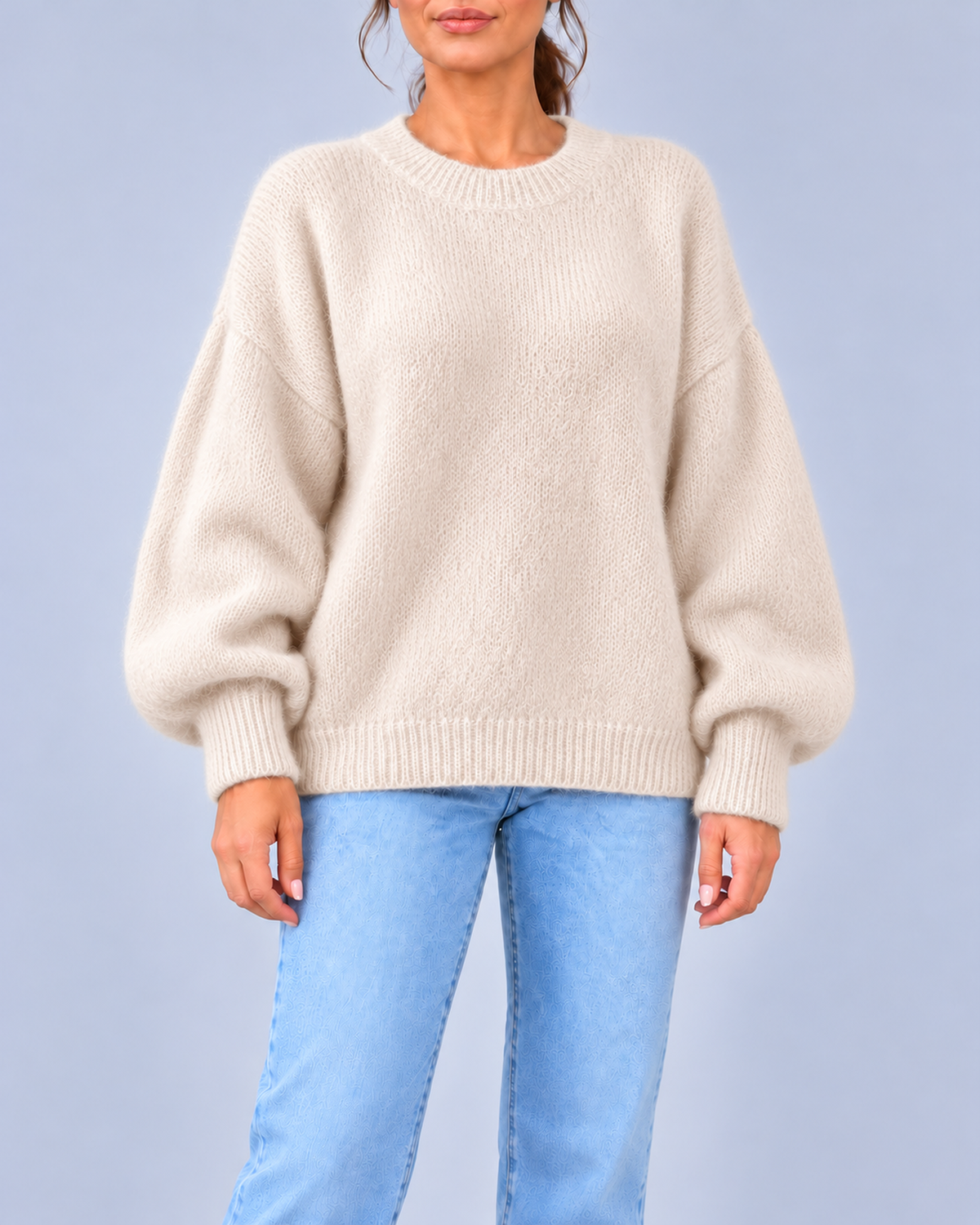 Women's Oversized Brushed Knit Crew Neck Jumper with Balloon Sleeves – Off White – 1