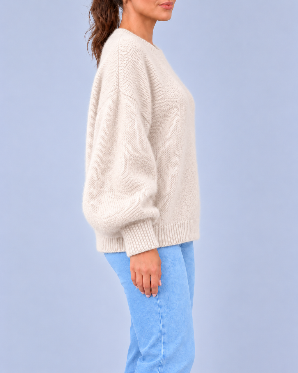 Women's Oversized Brushed Knit Crew Neck Jumper with Balloon Sleeves – Off White – 2