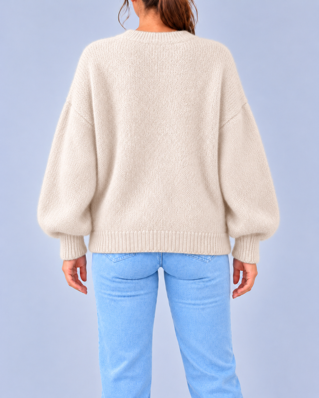 Women's Oversized Brushed Knit Crew Neck Jumper with Balloon Sleeves – Off White – 3