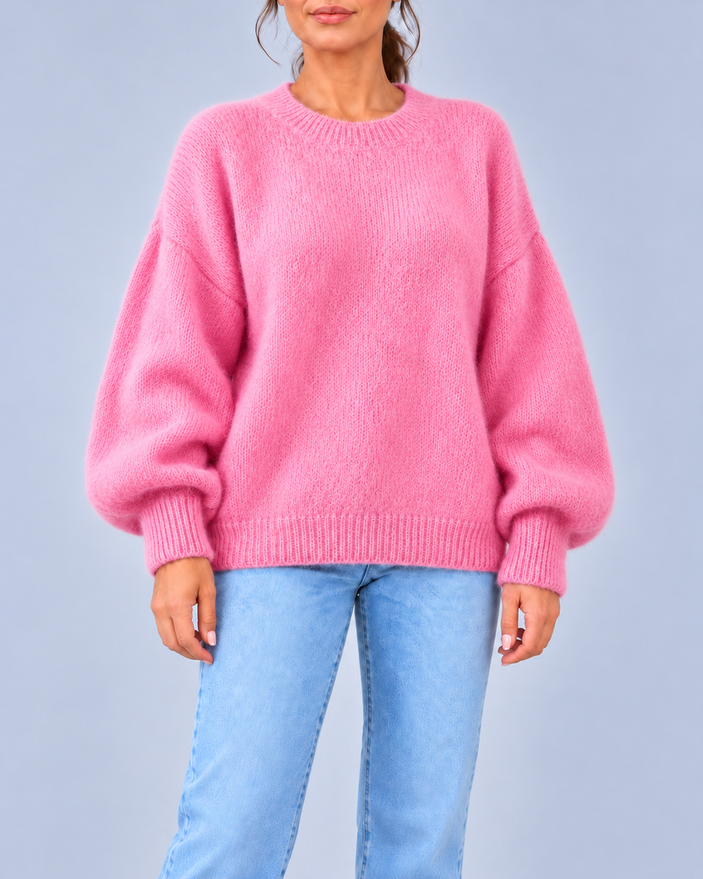 Women's Oversized Brushed Knit Crew Neck Jumper with Balloon Sleeves – Pink – 1