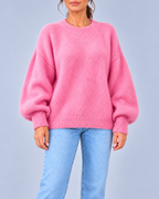 Women's Oversized Brushed Knit Crew Neck Jumper with Balloon Sleeves – Pink – 1