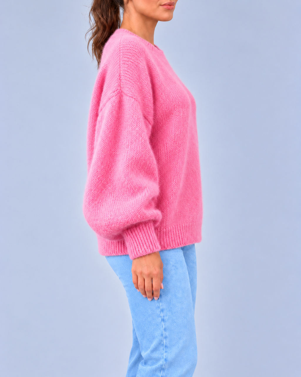 Women's Oversized Brushed Knit Crew Neck Jumper with Balloon Sleeves – Pink – 2