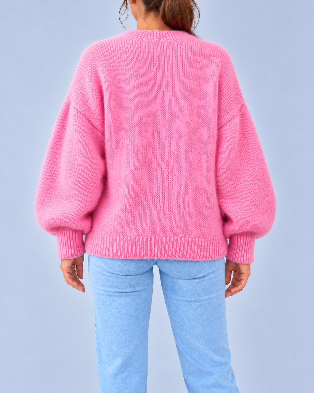 Women's Oversized Brushed Knit Crew Neck Jumper with Balloon Sleeves – Pink – 3