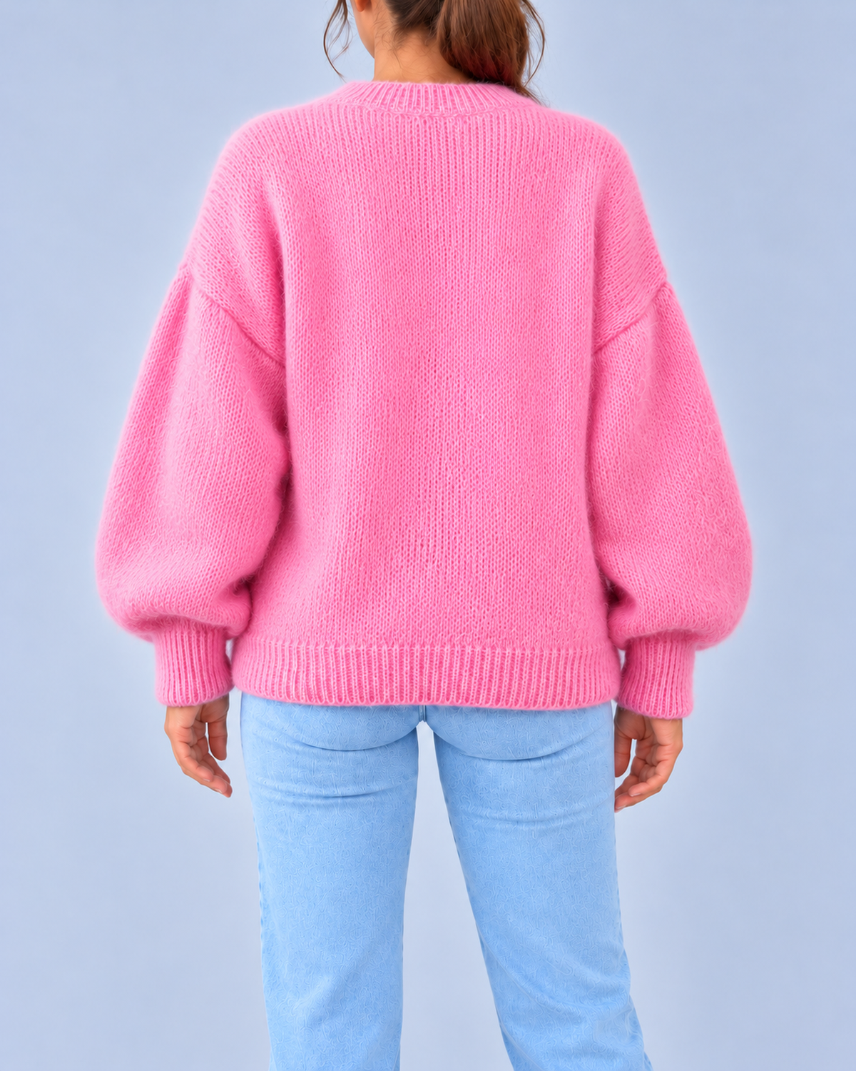 Women's Oversized Brushed Knit Crew Neck Jumper with Balloon Sleeves – Pink – 3