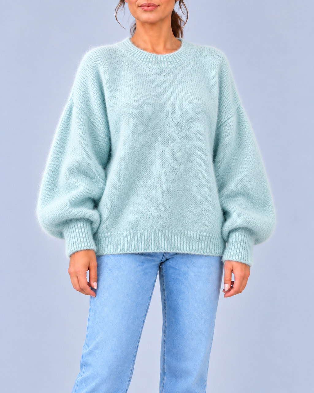 Women's Oversized Brushed Knit Crew Neck Jumper with Balloon Sleeves – Light Blue – 1