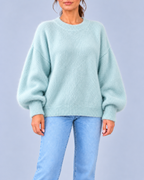 Women's Oversized Brushed Knit Crew Neck Jumper with Balloon Sleeves – Light Blue – 1