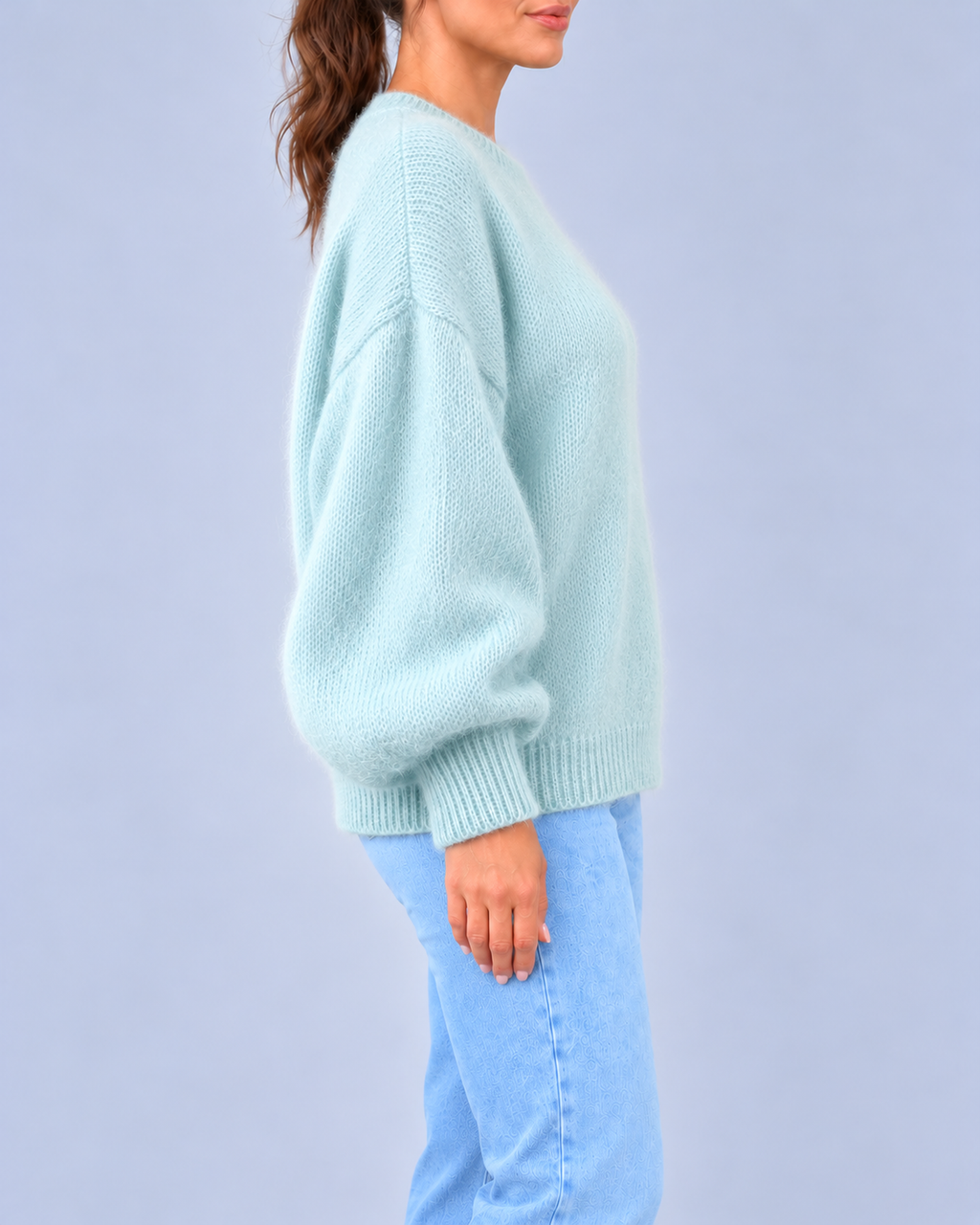 Women's Oversized Brushed Knit Crew Neck Jumper with Balloon Sleeves – Light Blue – 2