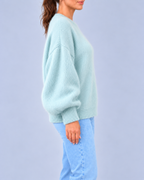 Women's Oversized Brushed Knit Crew Neck Jumper with Balloon Sleeves – Light Blue – 2