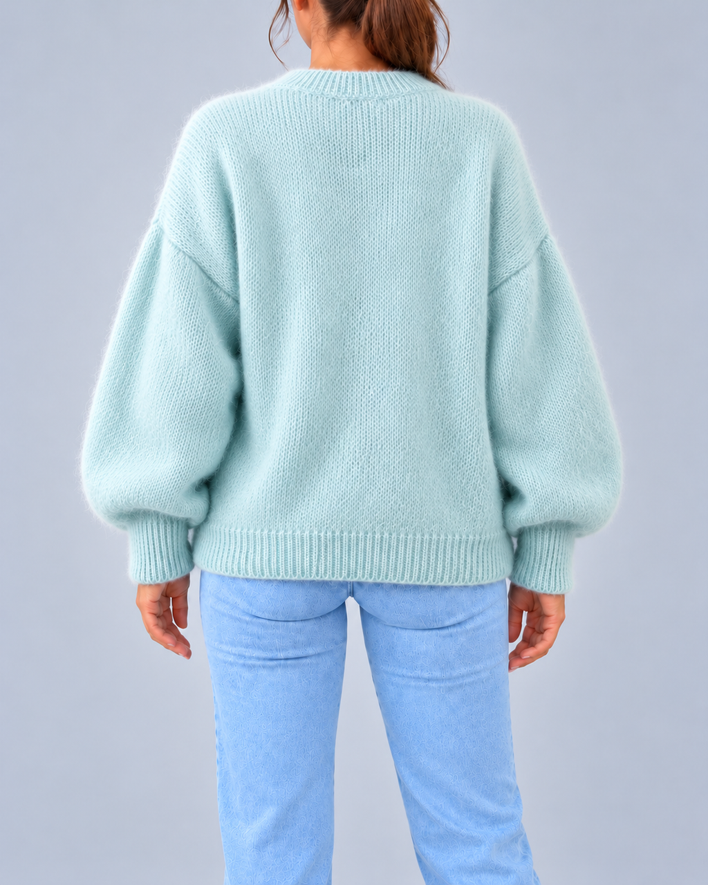 Women's Oversized Brushed Knit Crew Neck Jumper with Balloon Sleeves – Light Blue – 3