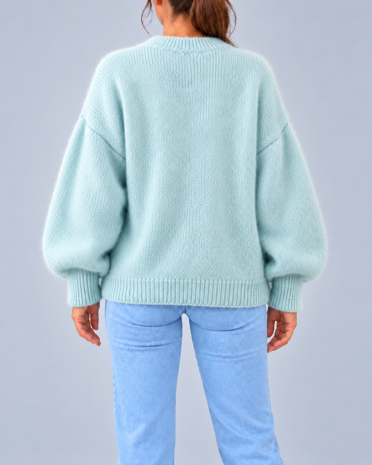Women's Oversized Brushed Knit Crew Neck Jumper with Balloon Sleeves – Light Blue – 3