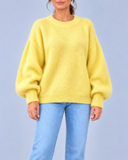 Women's Oversized Brushed Knit Crew Neck Jumper with Balloon Sleeves – Yellow – 1