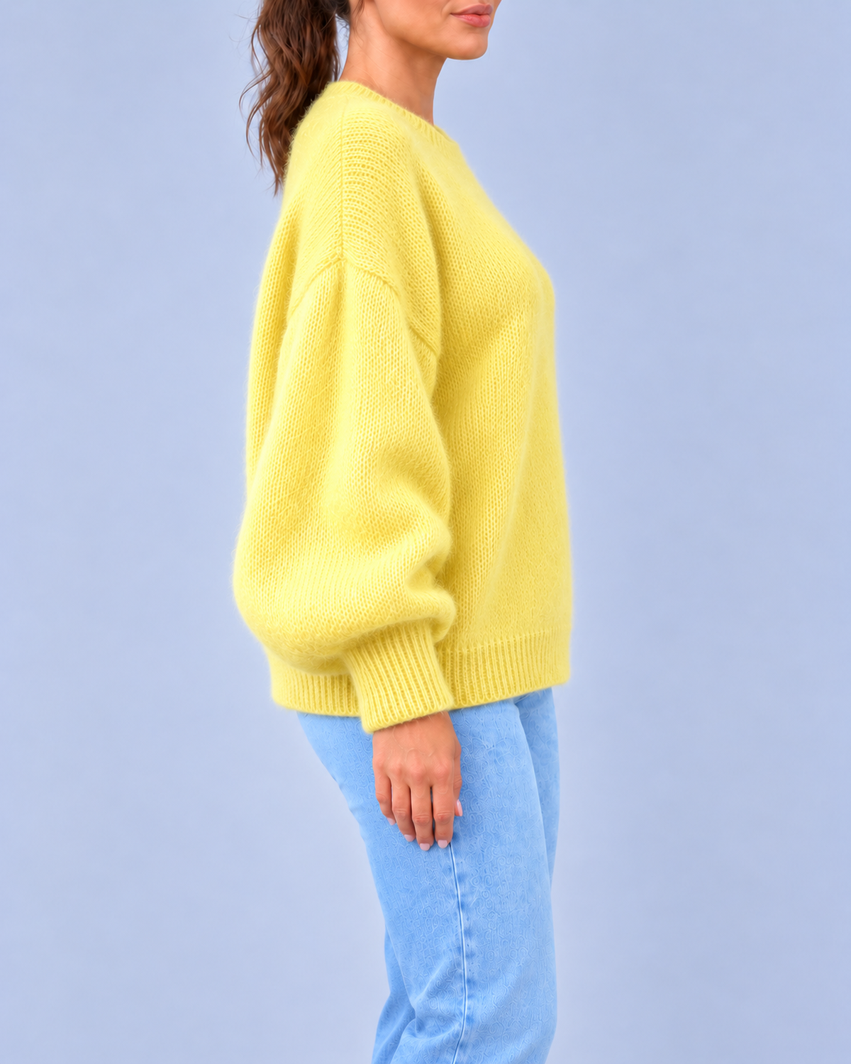 Women's Oversized Brushed Knit Crew Neck Jumper with Balloon Sleeves – Yellow – 2