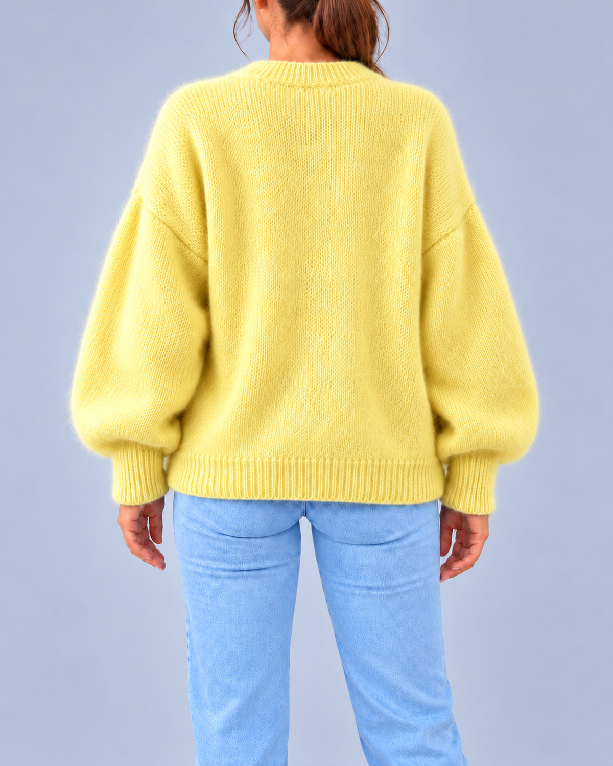 Women's Oversized Brushed Knit Crew Neck Jumper with Balloon Sleeves – Yellow – 3
